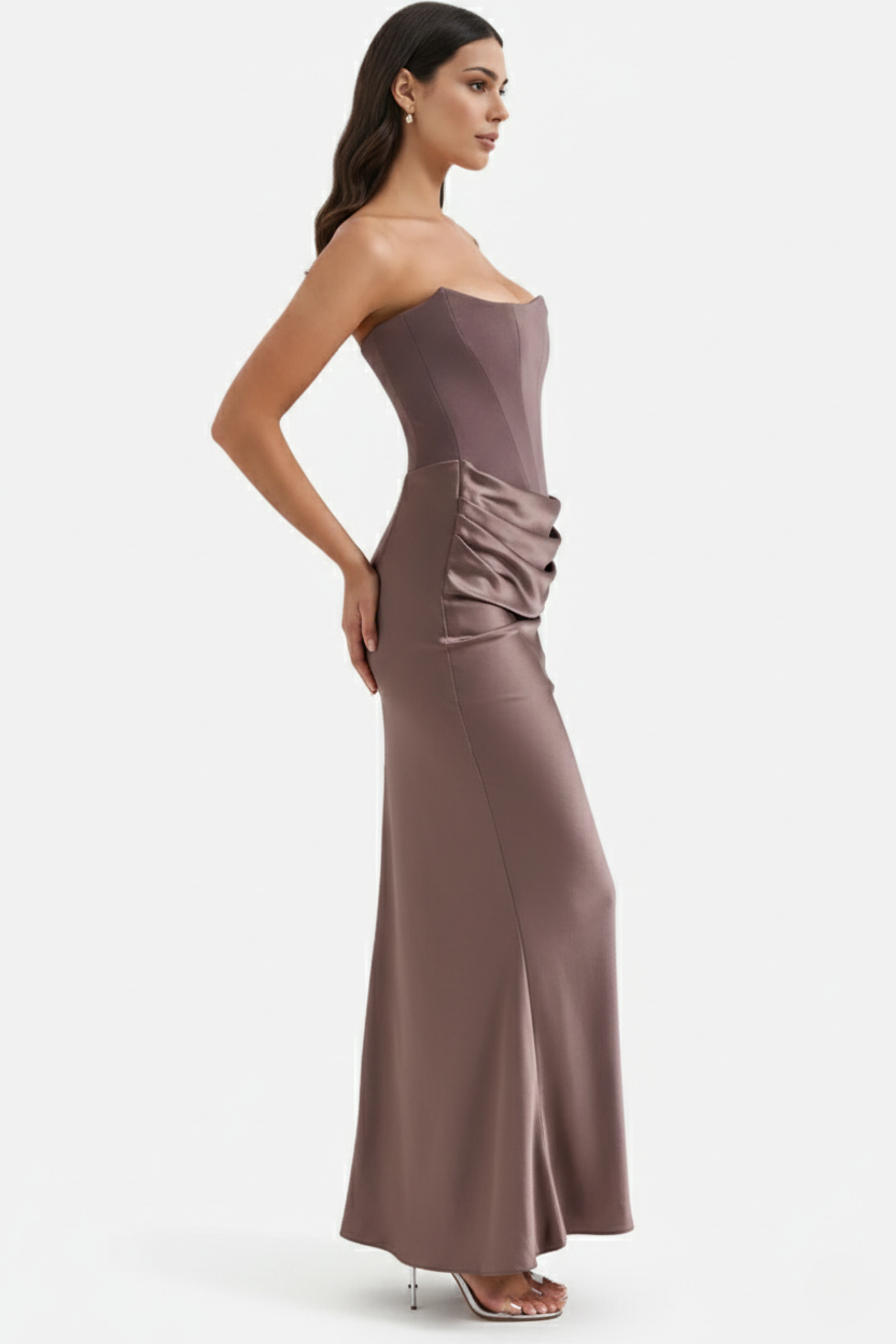 Strapless Corset Maxi Dress Structured Bodice Draped Detail