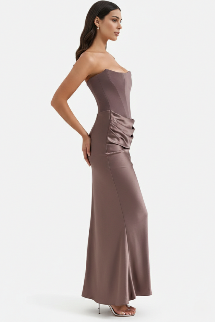 Strapless Corset Maxi Dress Structured Bodice Draped Detail