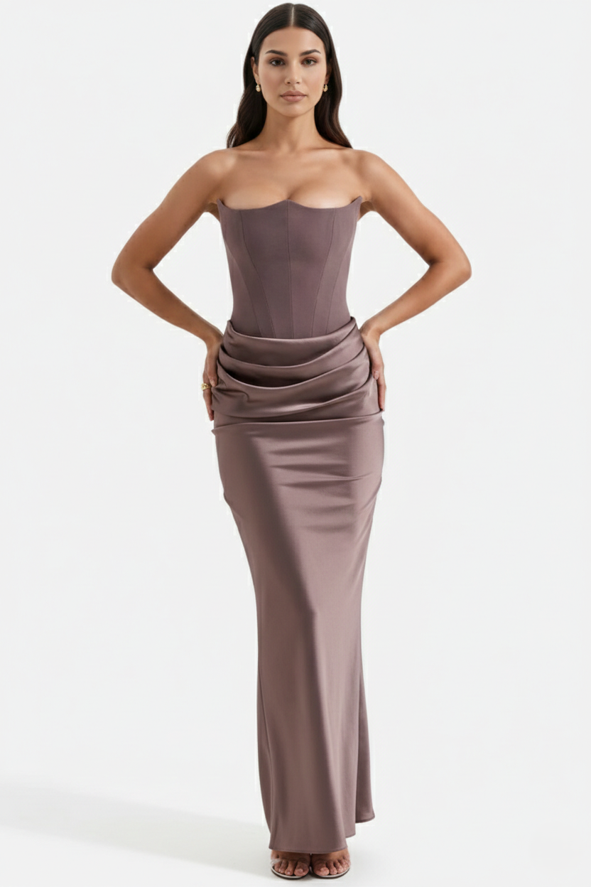 Strapless Corset Maxi Dress Structured Bodice Draped Detail