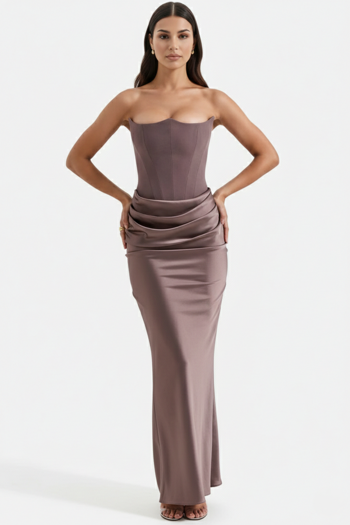 Strapless Corset Maxi Dress Structured Bodice Draped Detail