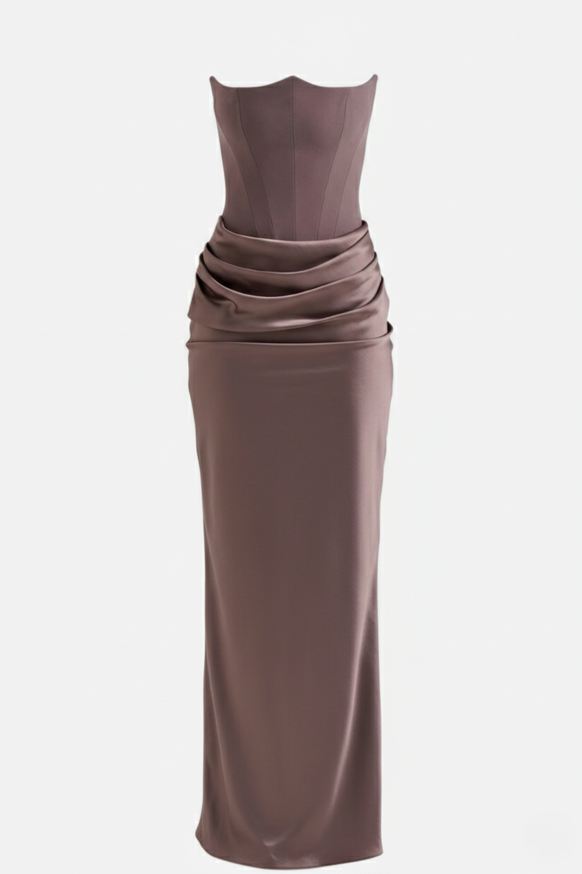 Strapless Corset Maxi Dress Structured Bodice Draped Detail
