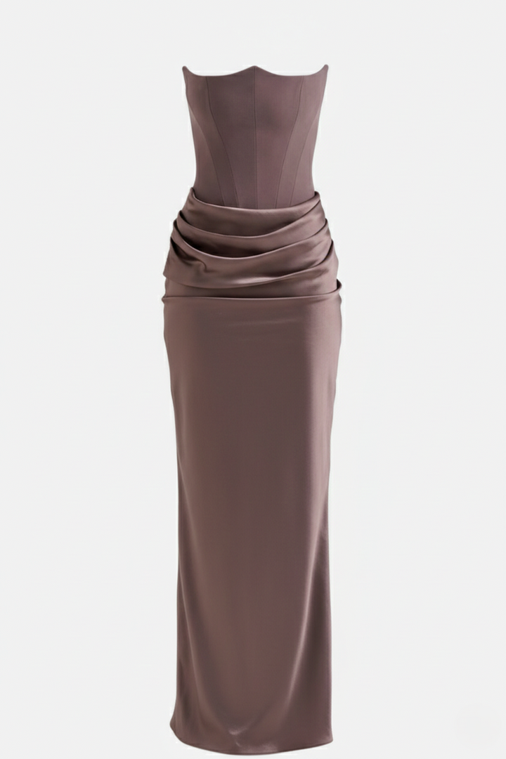 Strapless Corset Maxi Dress Structured Bodice Draped Detail