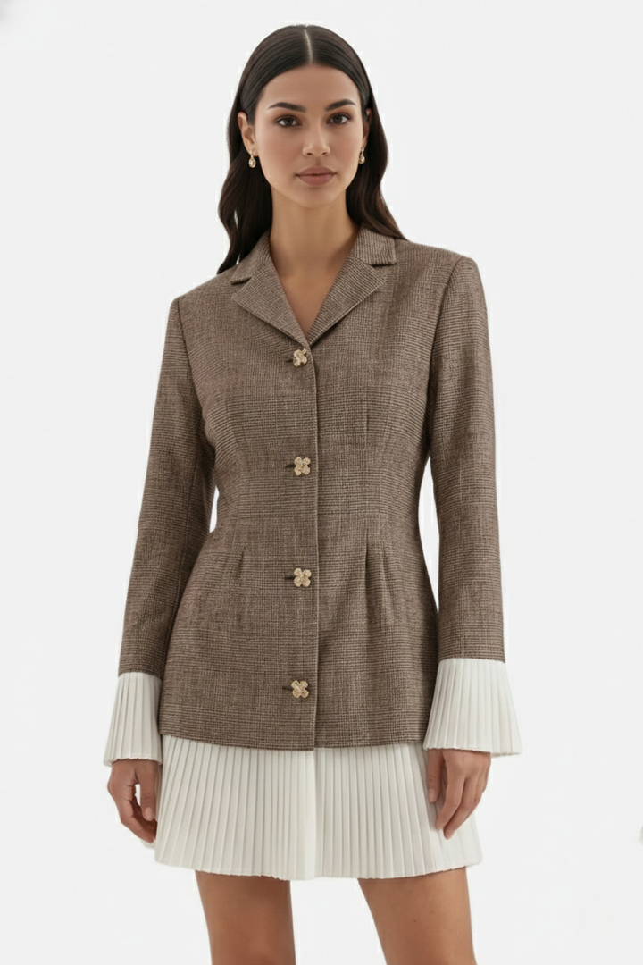 Tailored Blazer Mini Dress with Pleated Hem and Long Sleeves