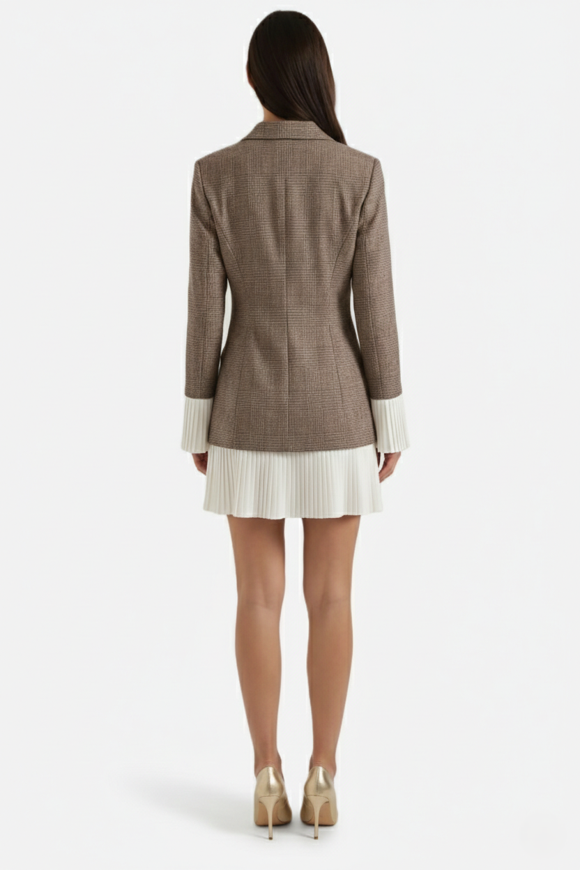 Tailored Blazer Mini Dress with Pleated Hem and Long Sleeves