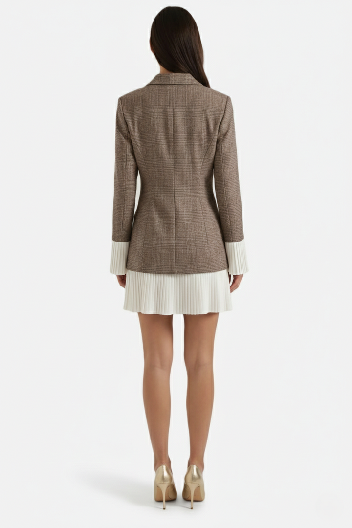Tailored Blazer Mini Dress with Pleated Hem and Long Sleeves