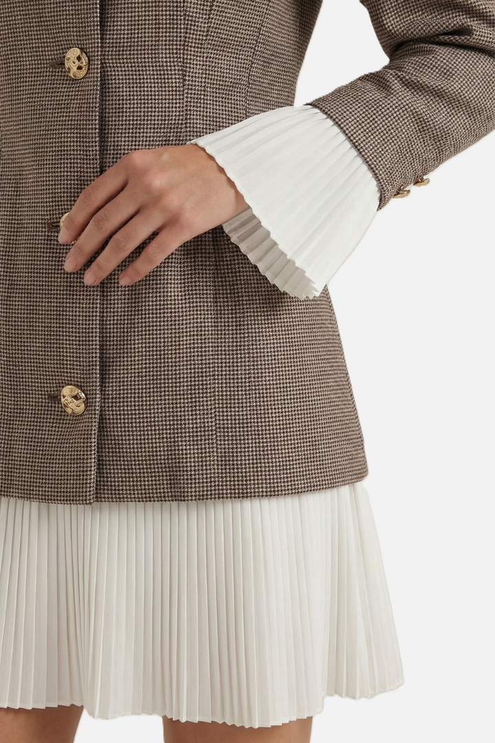 Tailored Blazer Mini Dress with Pleated Hem and Long Sleeves