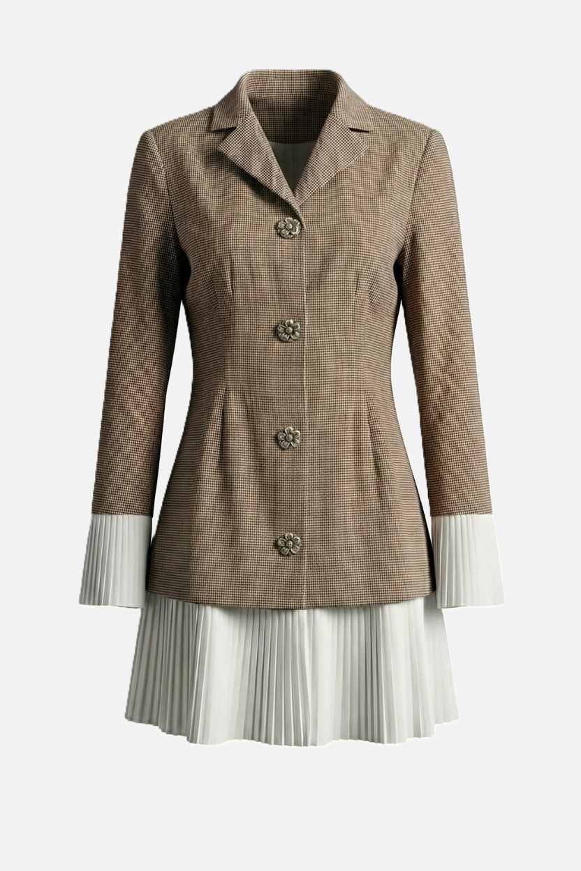 Tailored Blazer Mini Dress with Pleated Hem and Long Sleeves