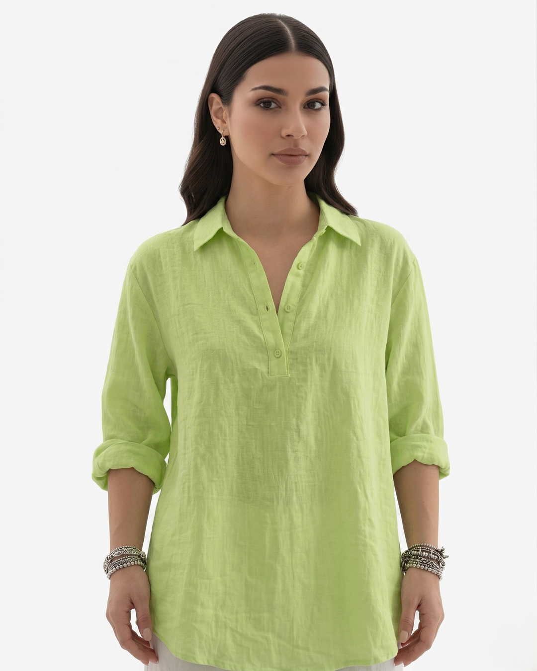 Collared Button Placket Linen Blend Long Sleeve