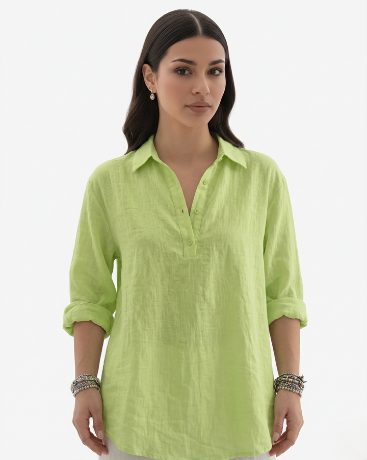 Collared Button Placket Linen Blend Long Sleeve
