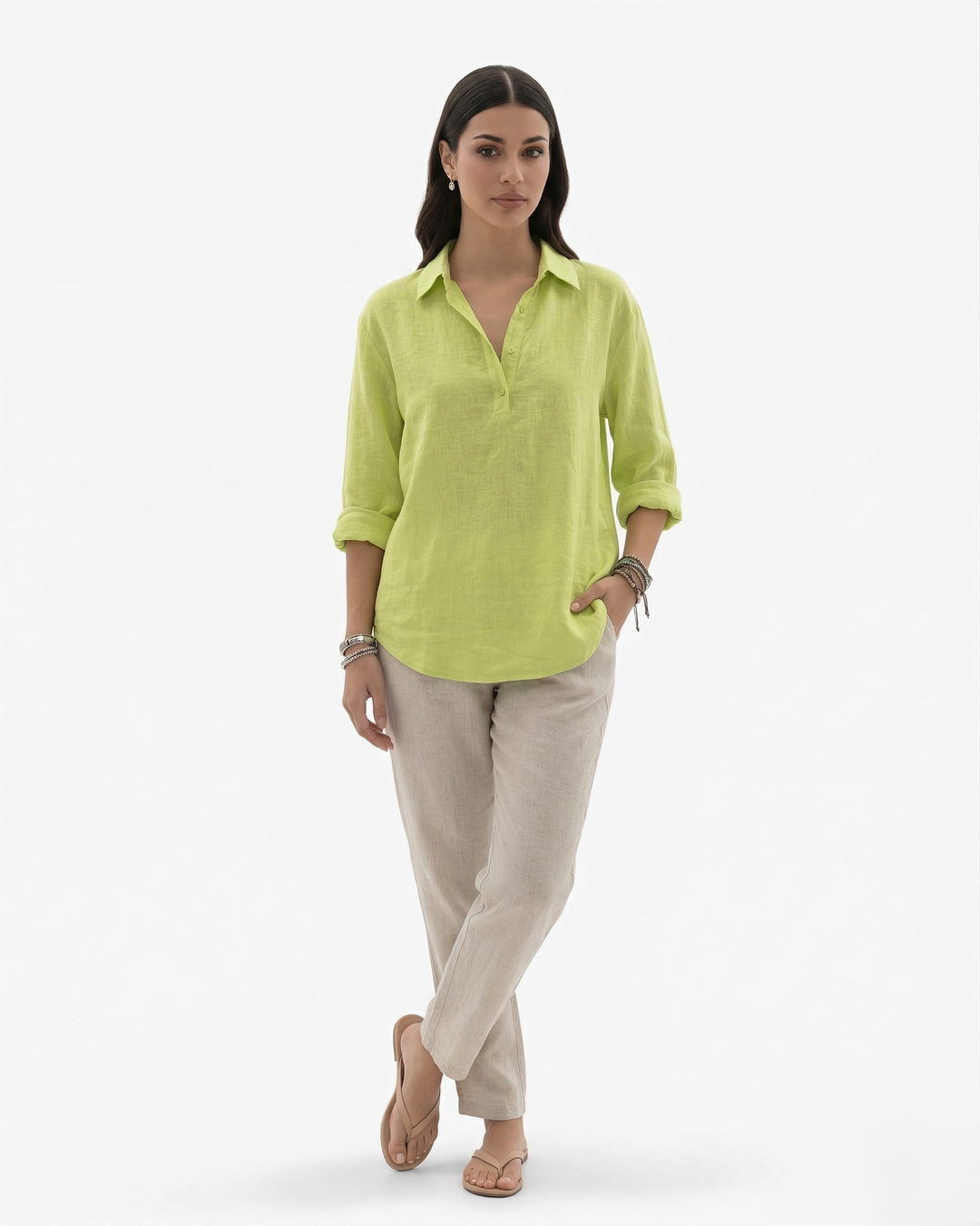 Collared Button Placket Linen Blend Long Sleeve