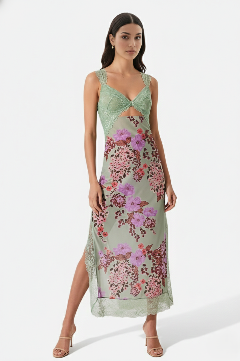 Floral Lace Trim Slip Maxi Dress Side Slit