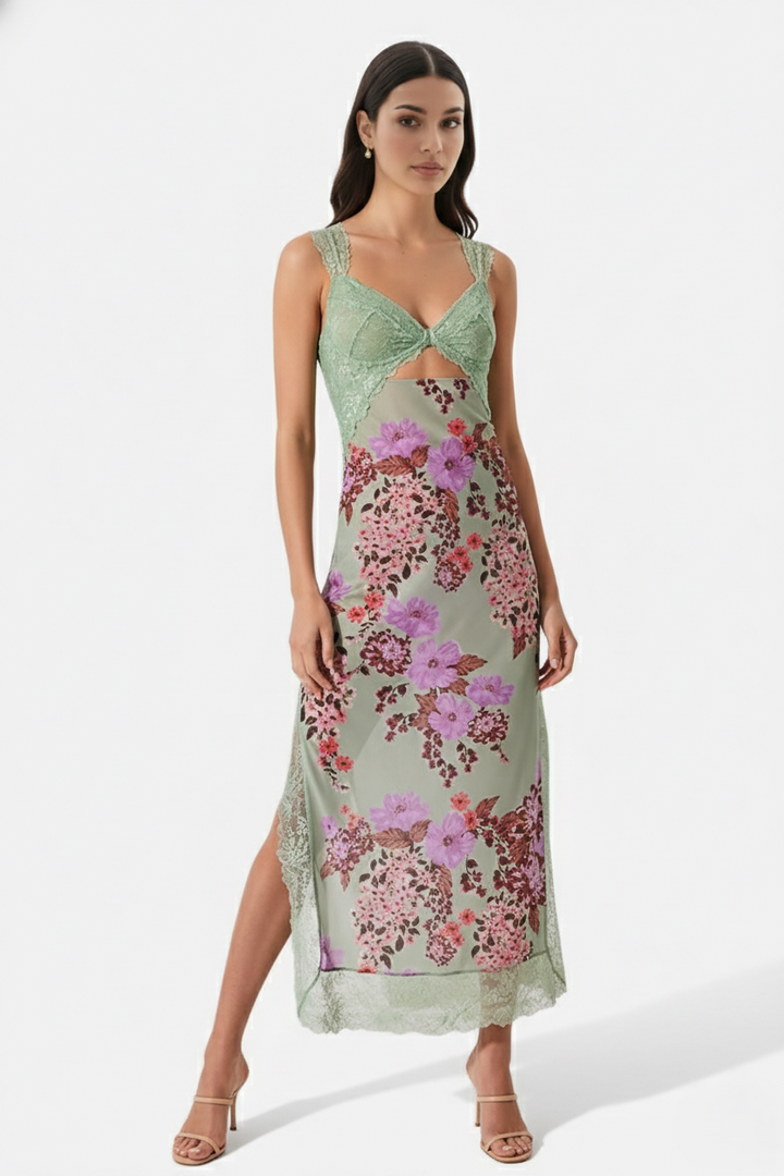 Floral Lace Trim Slip Maxi Dress Side Slit