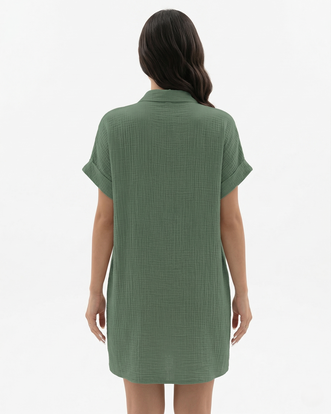 Button Down Shirt Dress Collared Rolled Cuff Sleeve with Pockets