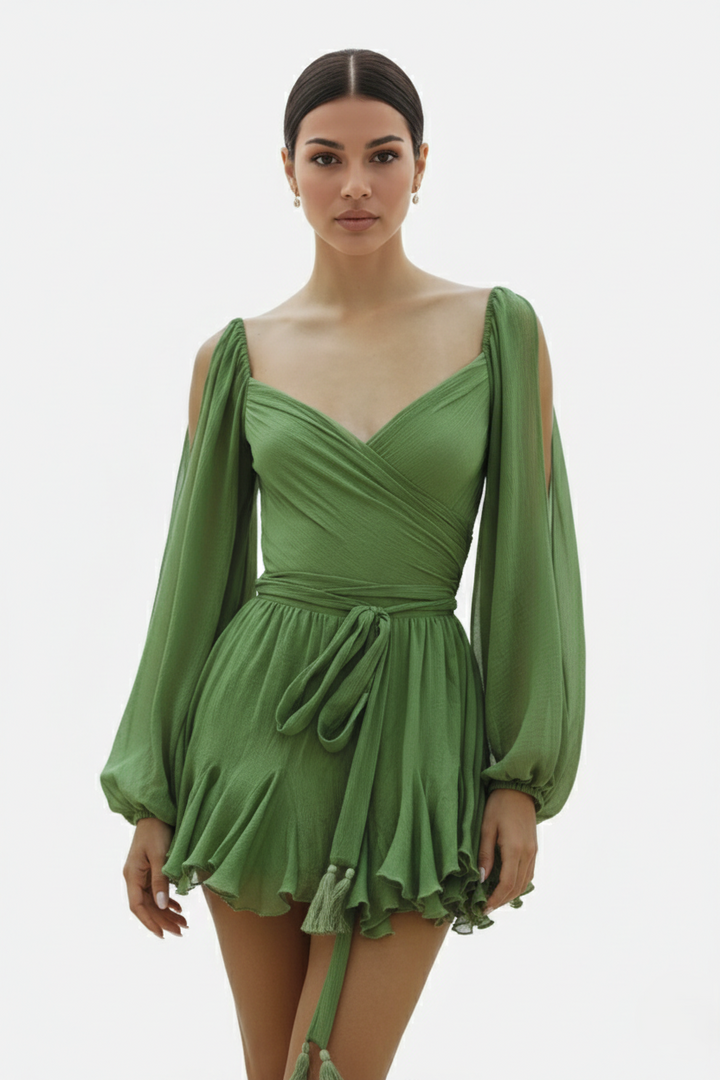 Chiffon Puff Sleeve Lace-Up Back Ruffle Mini Dress