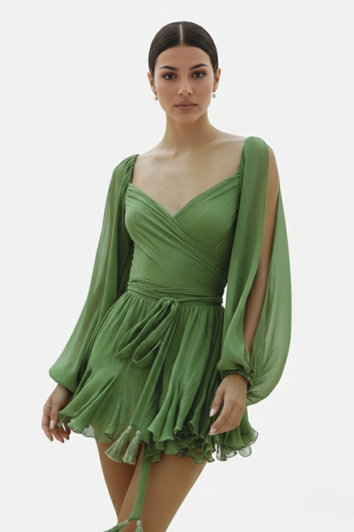 Chiffon Puff Sleeve Lace-Up Back Ruffle Mini Dress