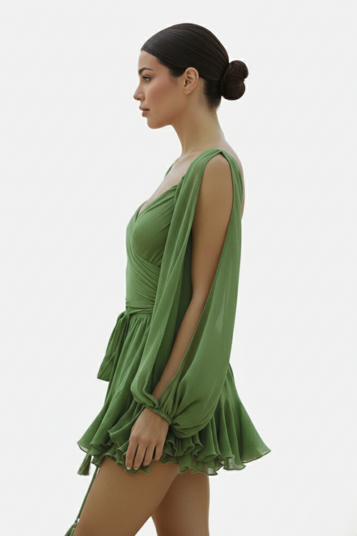 Chiffon Puff Sleeve Lace-Up Back Ruffle Mini Dress