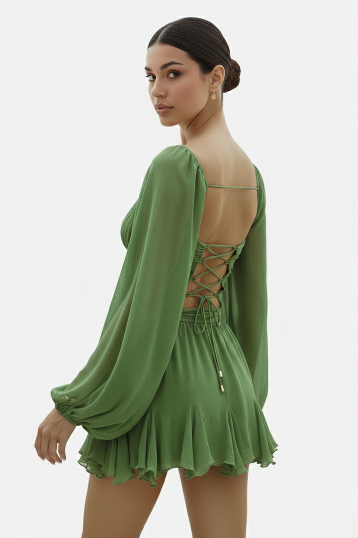Chiffon Puff Sleeve Lace-Up Back Ruffle Mini Dress