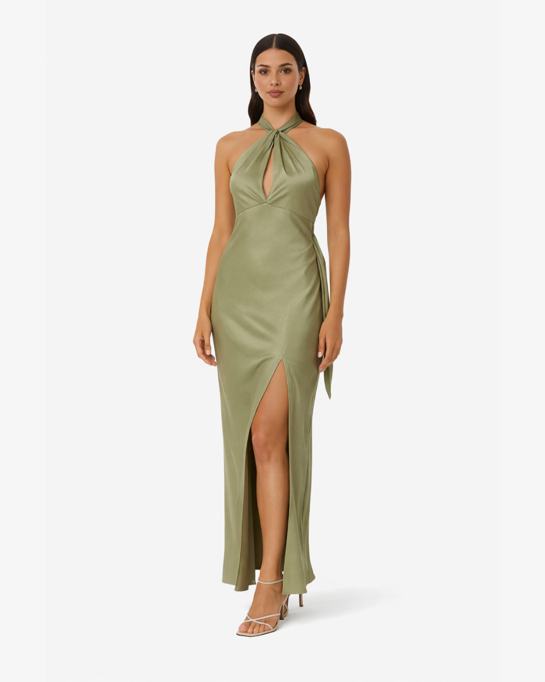 Crossover Halter Satin Maxi Dress Keyhole Side Slit