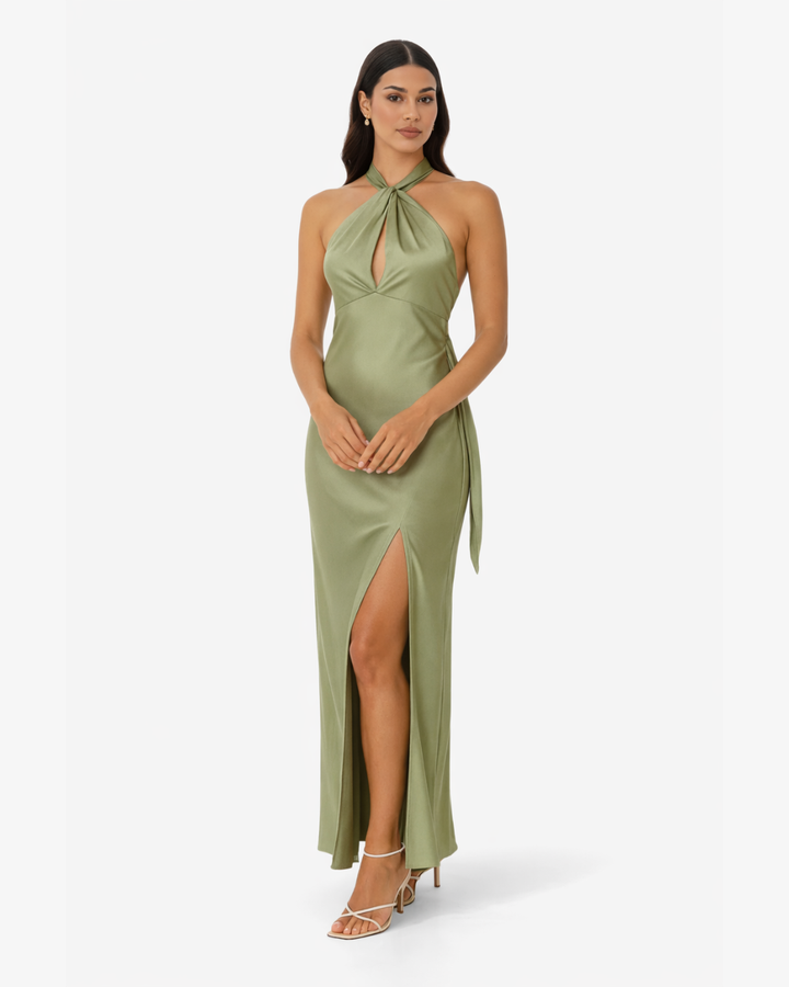 Crossover Halter Satin Maxi Dress Keyhole Side Slit