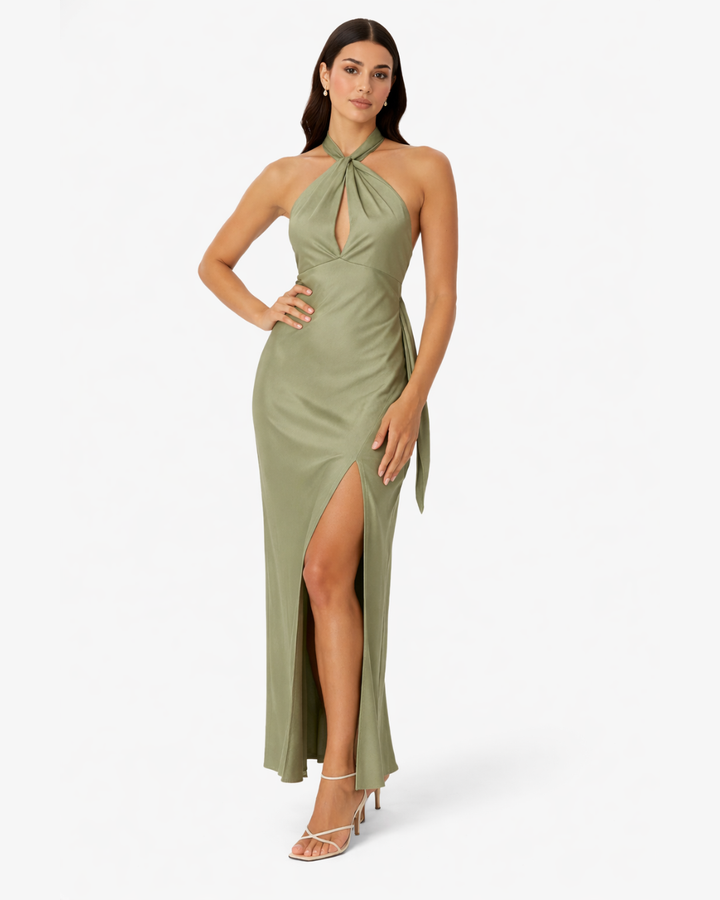 Crossover Halter Satin Maxi Dress Keyhole Side Slit