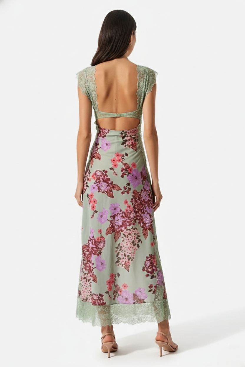 Floral Lace Trim Slip Maxi Dress Side Slit