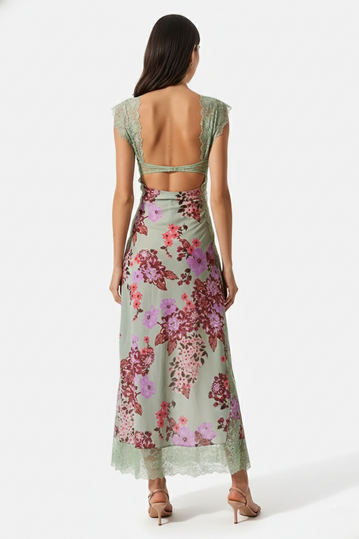 Floral Lace Trim Slip Maxi Dress Side Slit