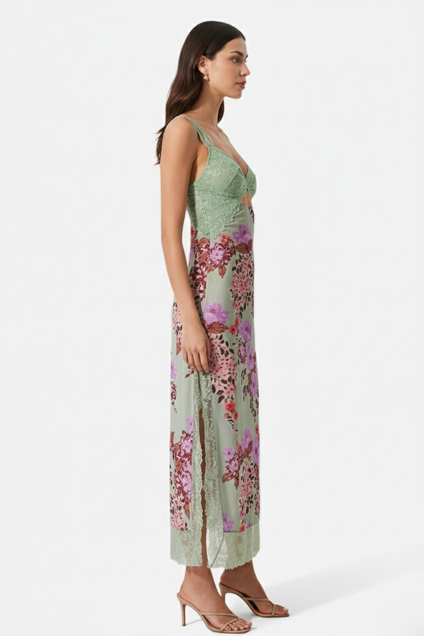 Floral Lace Trim Slip Maxi Dress Side Slit