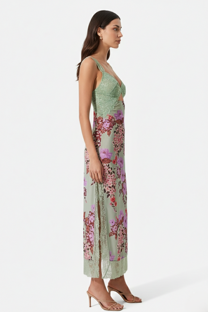 Floral Lace Trim Slip Maxi Dress Side Slit