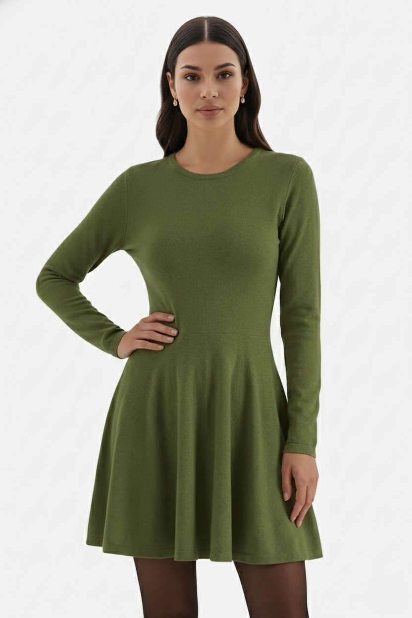 Knitted Long Sleeve Skater Dress - Fit and Flare A-Line Mini