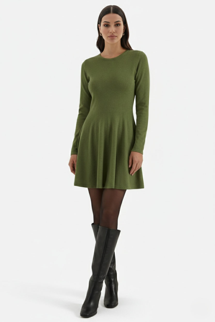 Knitted Long Sleeve Skater Dress - Fit and Flare A-Line Mini