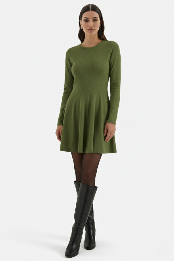 Knitted Long Sleeve Skater Dress - Fit and Flare A-Line Mini