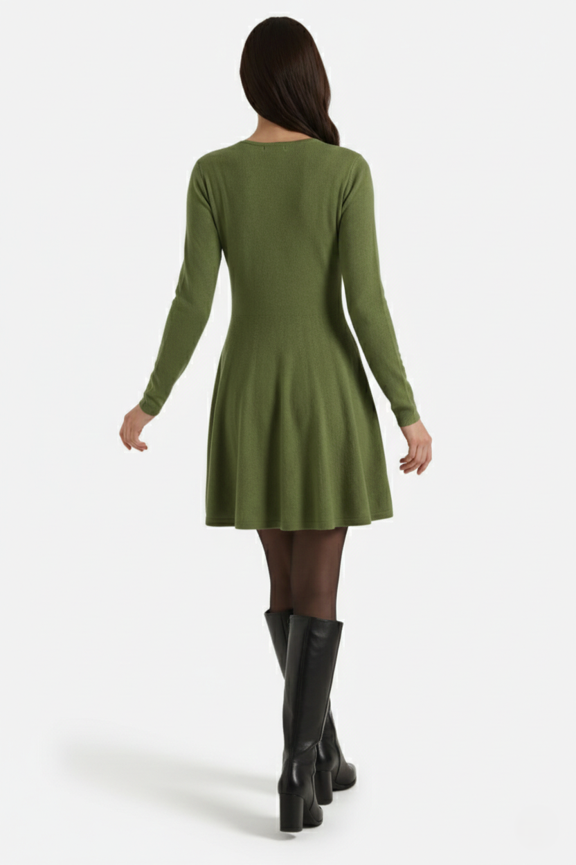 Knitted Long Sleeve Skater Dress - Fit and Flare A-Line Mini