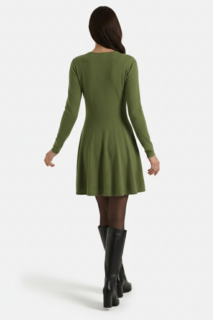Knitted Long Sleeve Skater Dress - Fit and Flare A-Line Mini