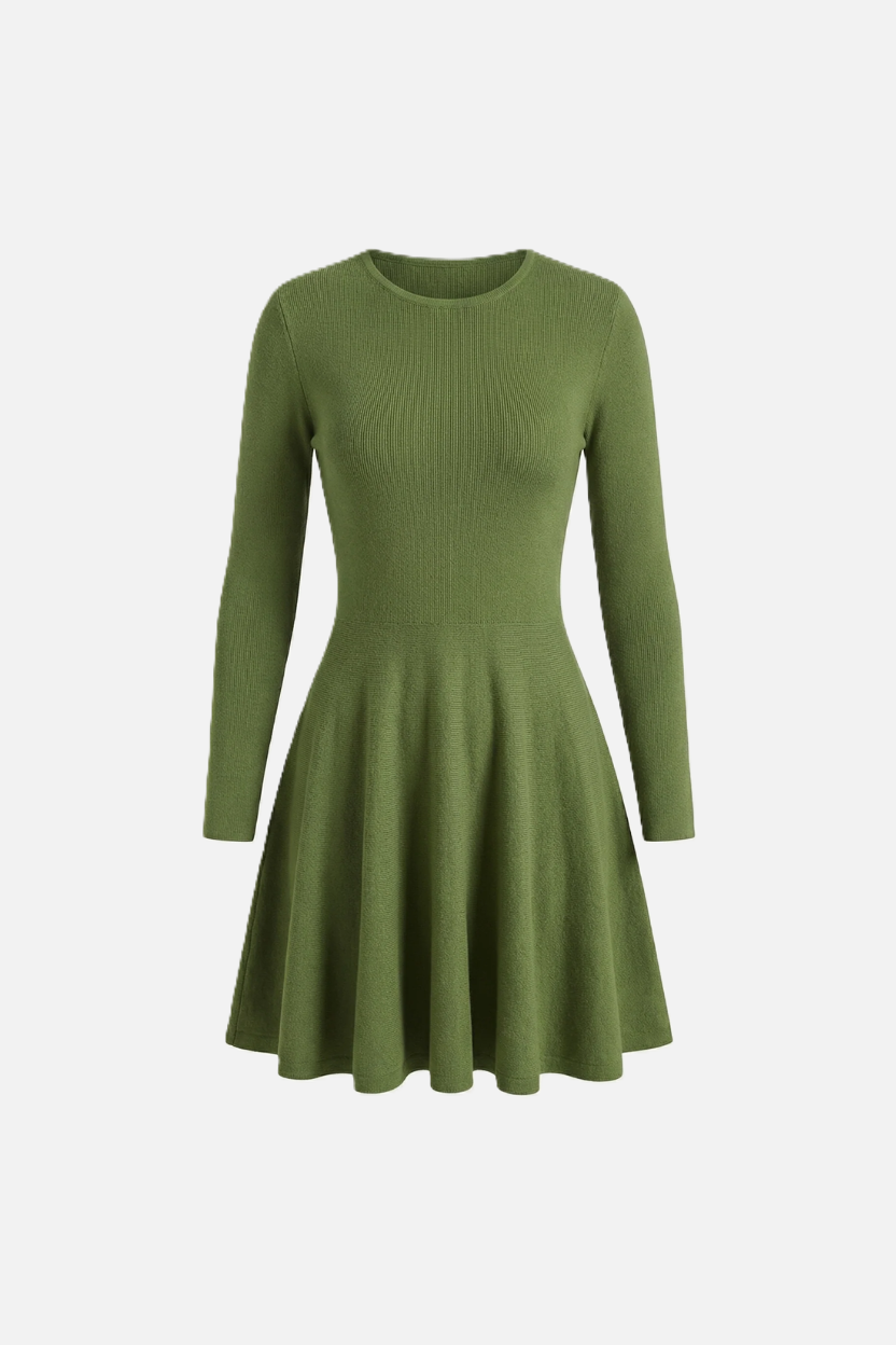Knitted Long Sleeve Skater Dress - Fit and Flare A-Line Mini