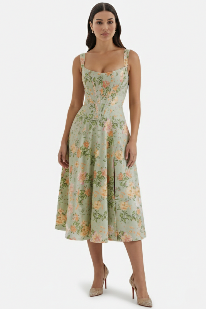 Sundress Floral Print Corset Bodice Side Slit Midi