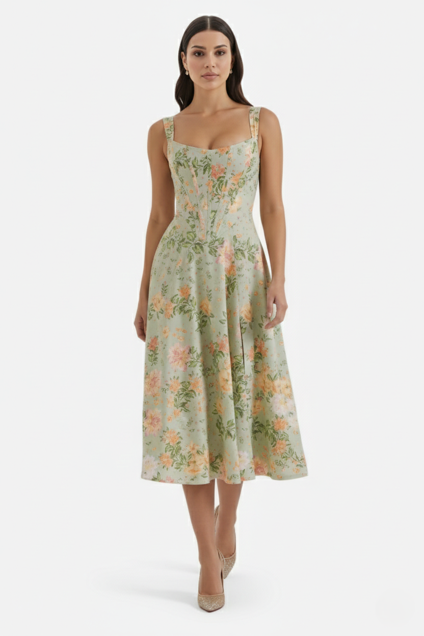 Sundress Floral Print Corset Bodice Side Slit Midi