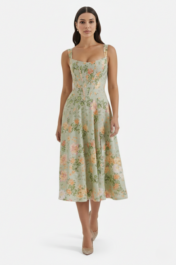 Sundress Floral Print Corset Bodice Side Slit Midi