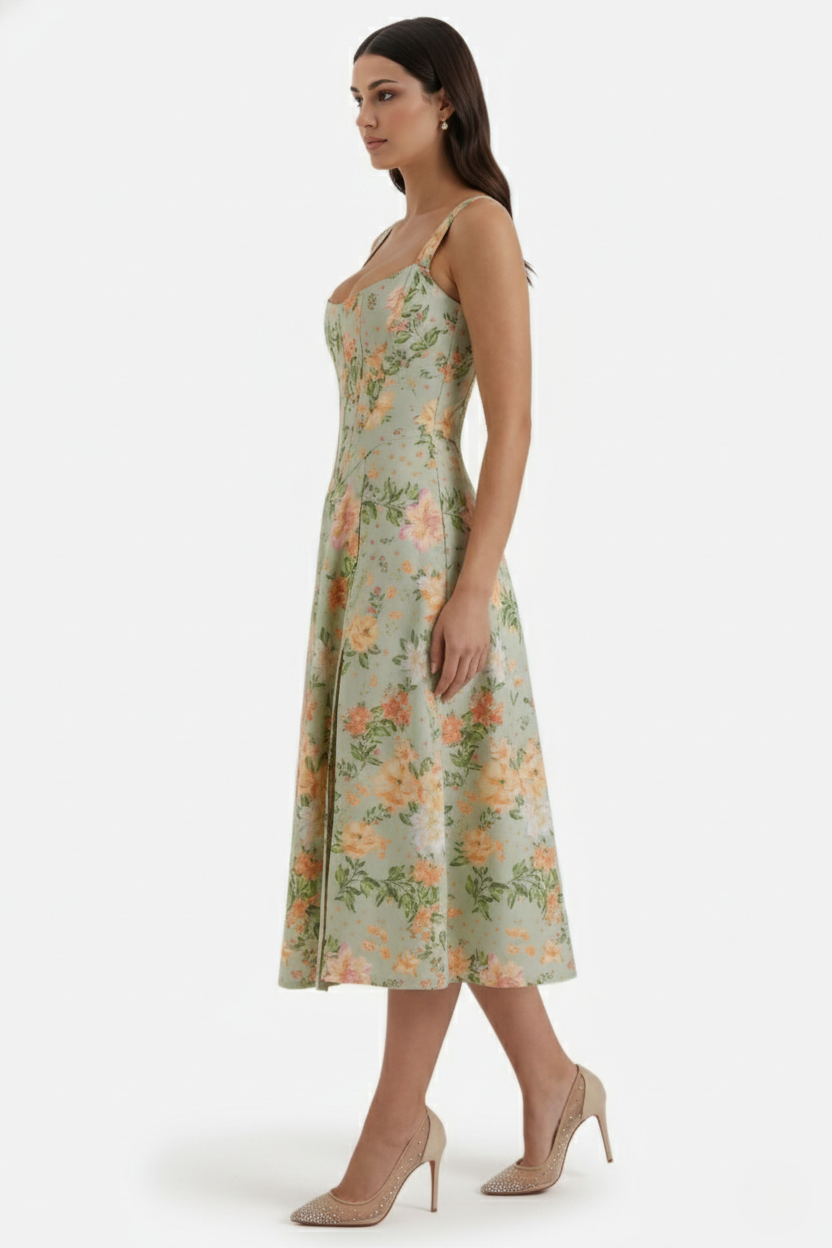 Sundress Floral Print Corset Bodice Side Slit Midi