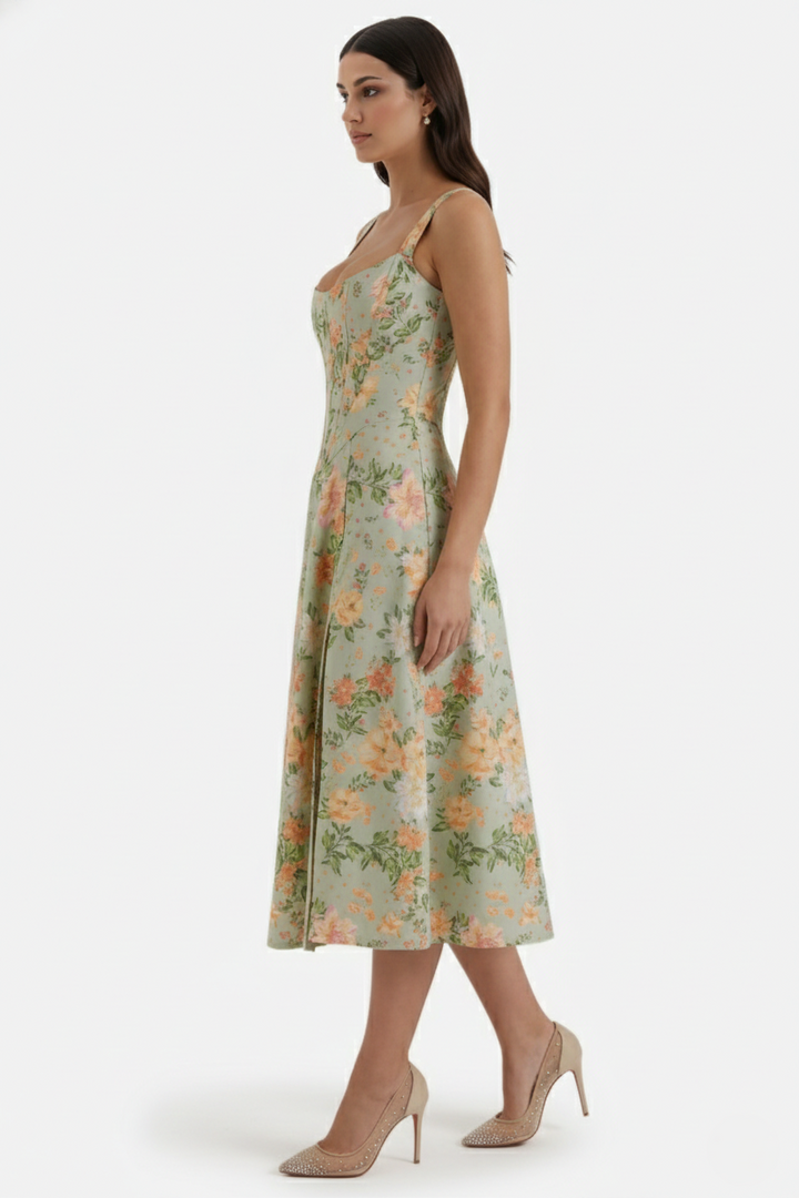 Sundress Floral Print Corset Bodice Side Slit Midi