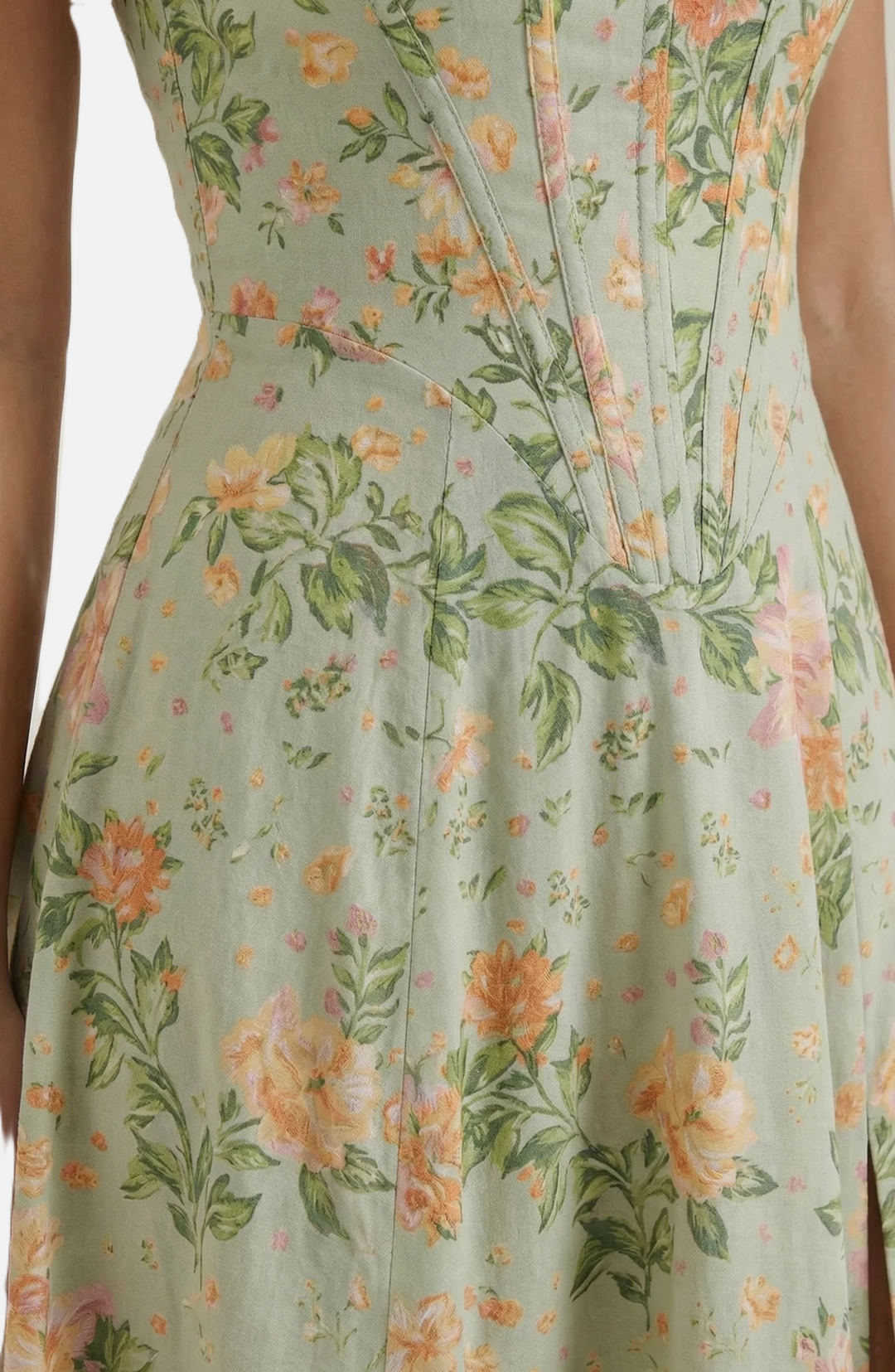 Sundress Floral Print Corset Bodice Side Slit Midi