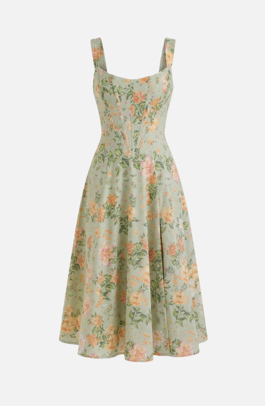 Sundress Floral Print Corset Bodice Side Slit Midi