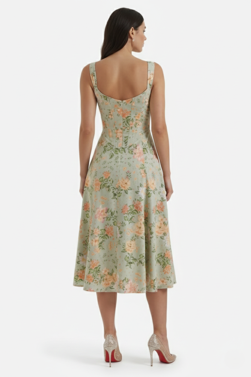 Sundress Floral Print Corset Bodice Side Slit Midi