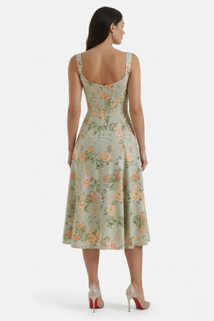 Sundress Floral Print Corset Bodice Side Slit Midi