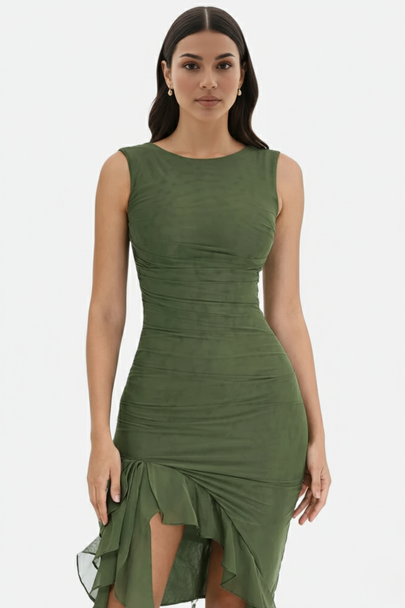 Ruched Sleeveless Bodycon Midi Dress Ruffle Side Slit