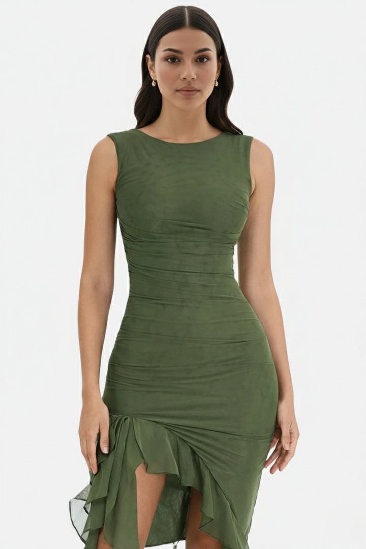 Ruched Sleeveless Bodycon Midi Dress Ruffle Side Slit