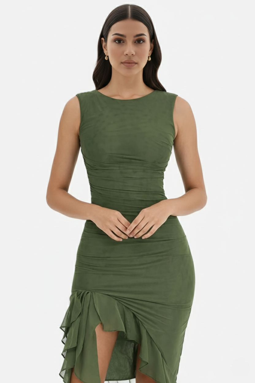 Ruched Sleeveless Bodycon Midi Dress Ruffle Side Slit