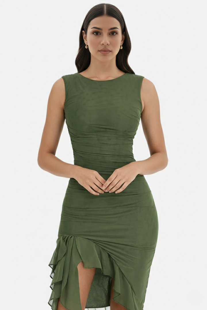 Ruched Sleeveless Bodycon Midi Dress Ruffle Side Slit