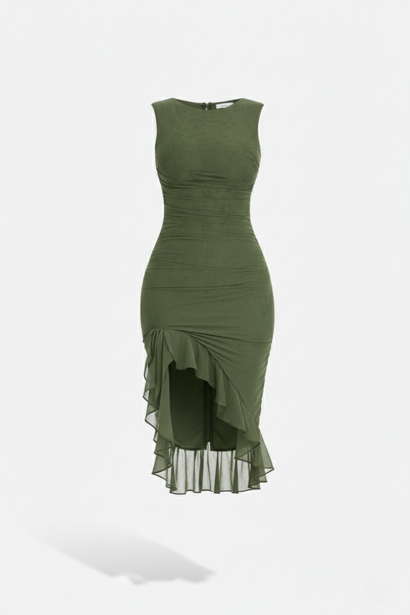 Ruched Sleeveless Bodycon Midi Dress Ruffle Side Slit