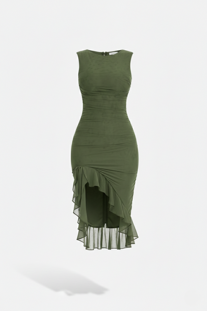 Ruched Sleeveless Bodycon Midi Dress Ruffle Side Slit