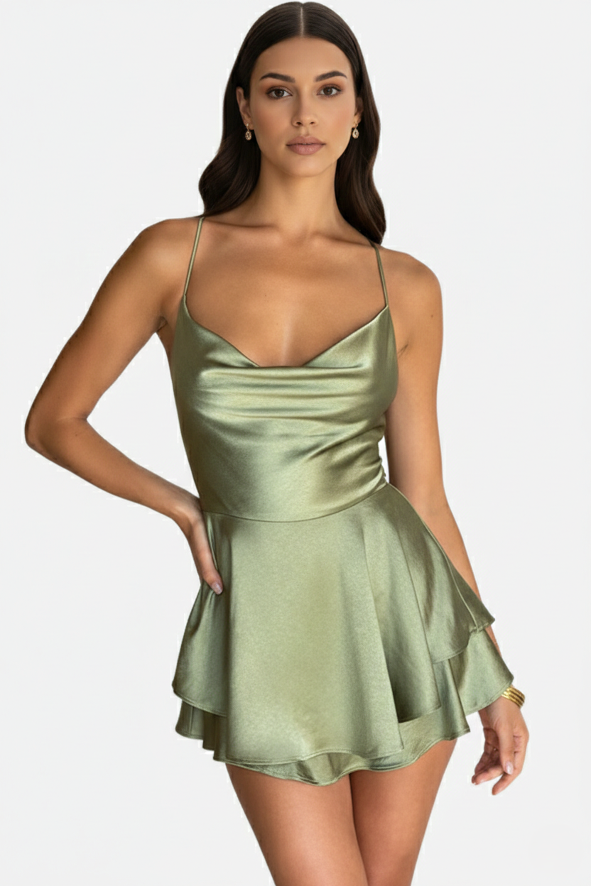 Satin Spaghetti Strap Tiered Mini Dress with Lace Up Back